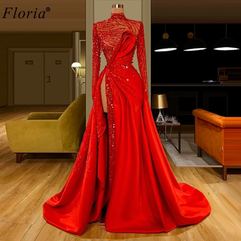 Plus Size Red Glitter Evening Dresses 2020 Long Muslim Robe De Soiree Formal Gorgeous Pageant Prom Dress Party Red Carpet Gowns