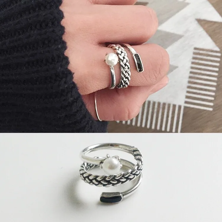 Real 925 sterling silver rings for women pearl chain black zircon Trendy fine Jewelry Large Adjustable Antique Rings Anillos