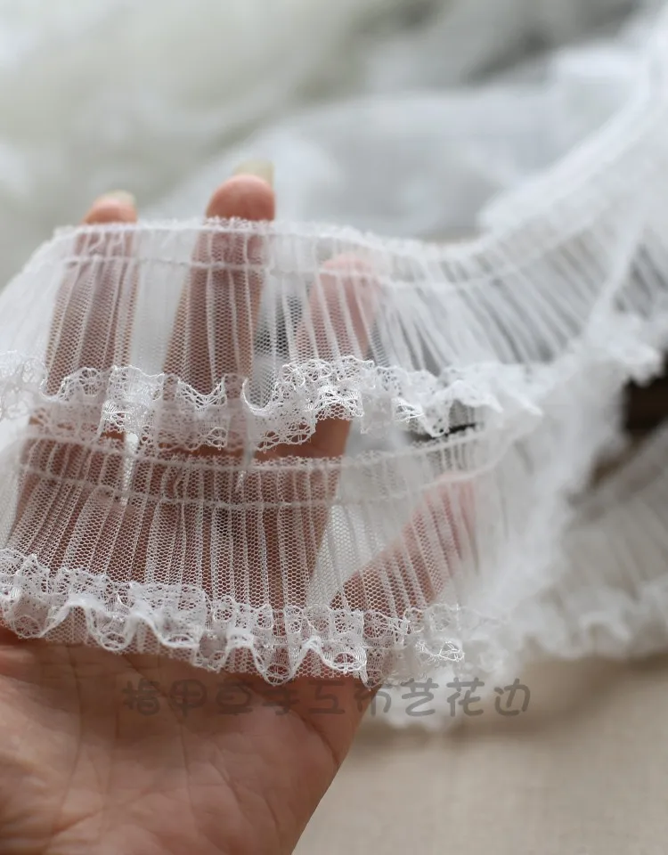 2 Meters 5cm wide White Pleated Lace Trim DIY Craft Lolita Clothing Fabric Hair Belt Ornament Household Material