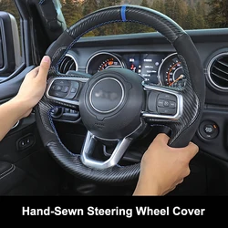 QHCP Car Steering Wheel Cover Carbon Fiber Style Genuine Leather Hand-stitched Suede Hand Sewing For Jeep Wrangler JL 2018-2022