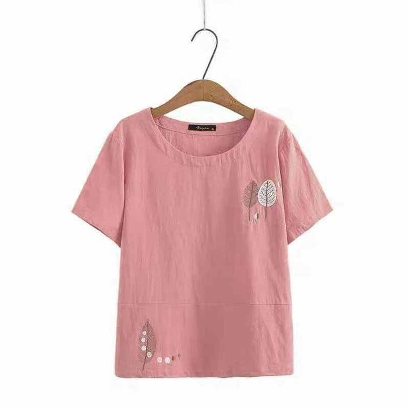 Cotton Linen Summer Blouse Women Tunics Short Sleeve Embroidery Ladies Tops Shirts Soild Color Tee Shirts Loose Casual