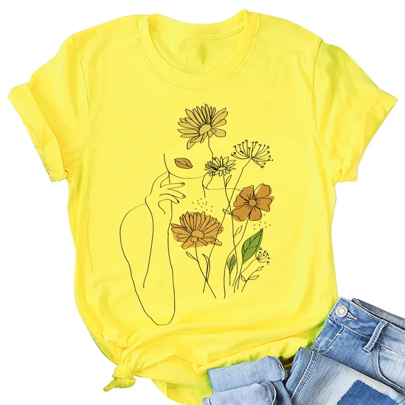 الزهور الوجه مجردة بسيطة المرأة تي شيرت مرونة عالية عادية مضحك تي شيرت هدية لسيدة يونغ فتاة تي شيرت علوي هبوط السفينة التي شيرت