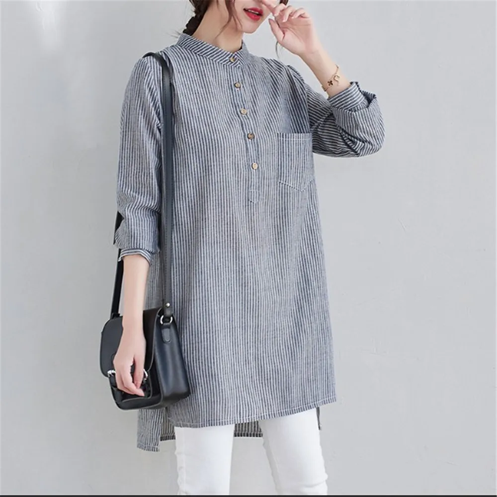 

Cotton And Linen Striped Shirt For Women With Long Sleeves For Spring 2021 New Artistic Large-Size Loose Medium And Long Standin