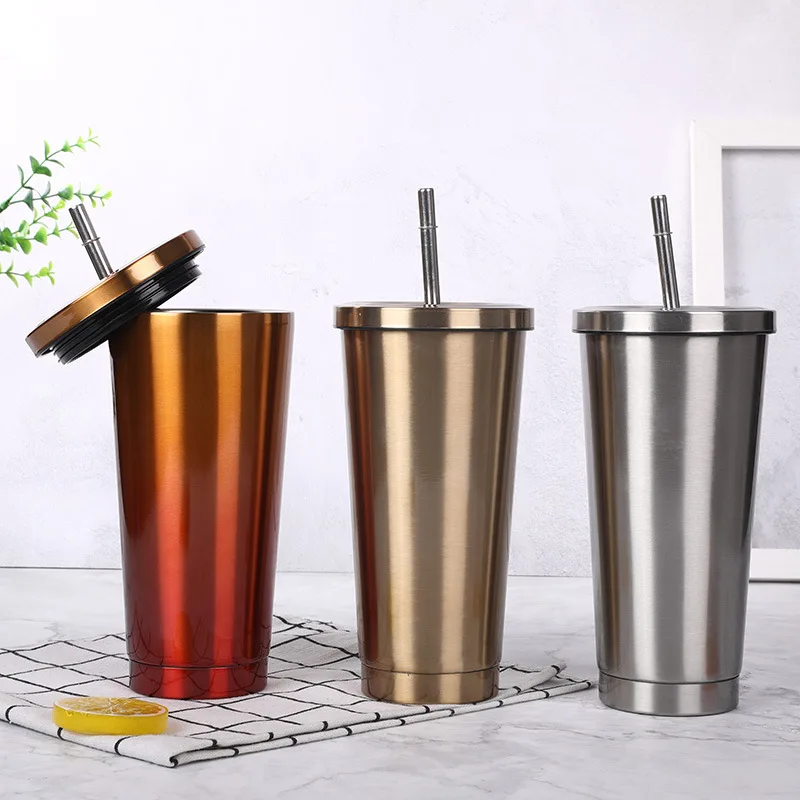 500ml Stainless Steel Mug with Lid Vacuum Double-Layer Tumbler with Straw Insulation Bottle Reusable Coffee Juice Cup Drinkware
