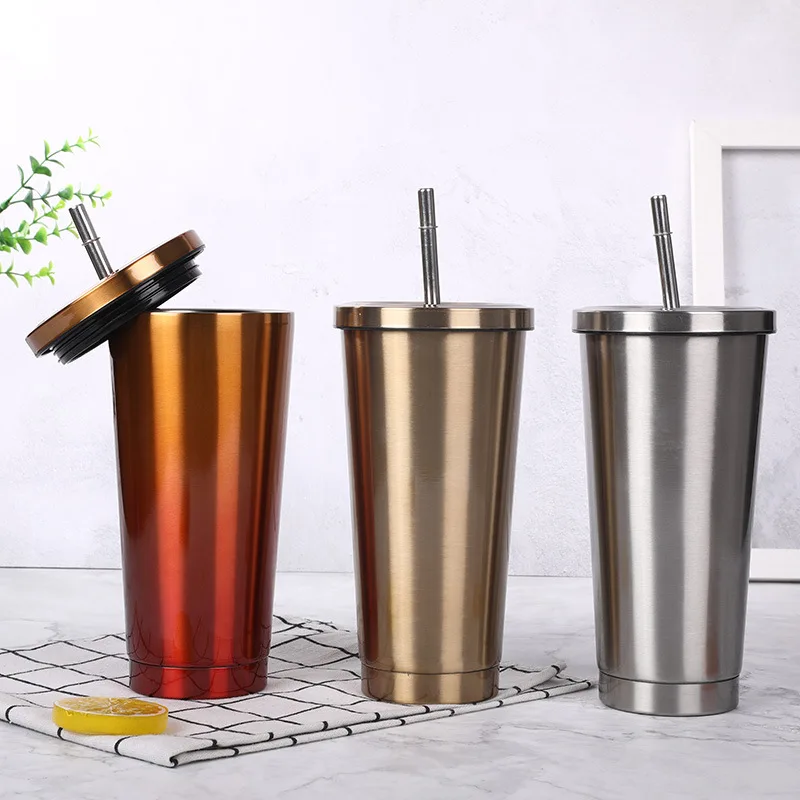 500Ml Roestvrijstalen Mok Met Deksel Vacuüm Double-Layer Tumbler Met Stro Isolatie Fles Herbruikbare Koffie Sap Cup drinkware