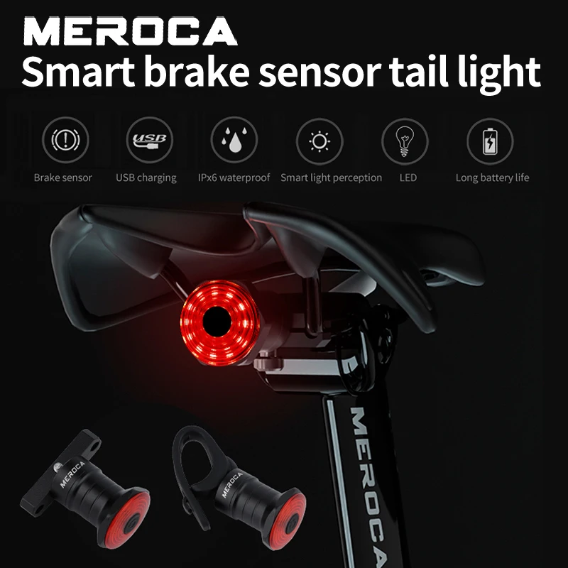 MEROCA Rear Light Bicycle Smart Sensor Auto Start/Stop Brake Tail Light Waterproof USB Rechargeable Taillight Cycling Bike Parts