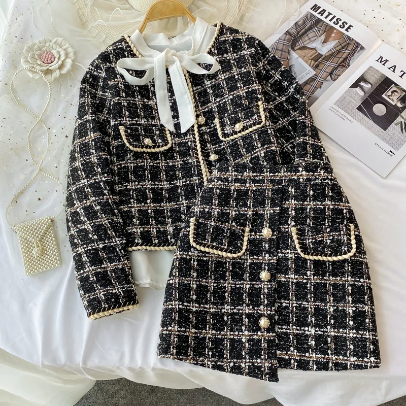 2024 Autumn 2 Pieces Set Elegant Fashion Vintage Plaid Tweed Long Sleeve Jackets Coat + Irregular A-Line Mini Skirts Femame Suit