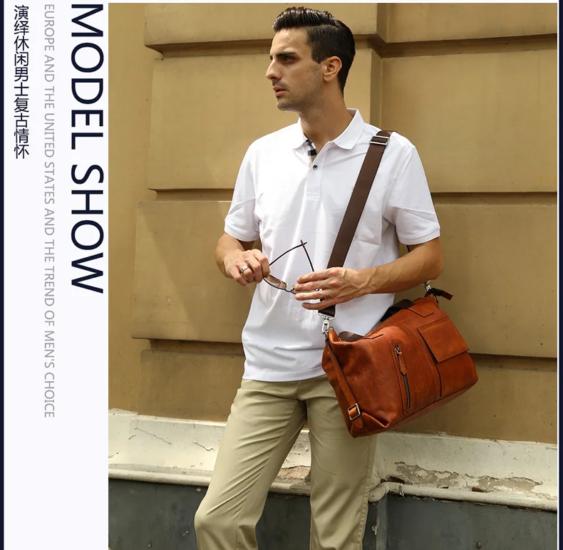 Vintage Leather Men\'s Bag Men Handbags Laptop Briefcase Shoulder Messenger Bag Contrast Male Travel Bags First Layer Leather