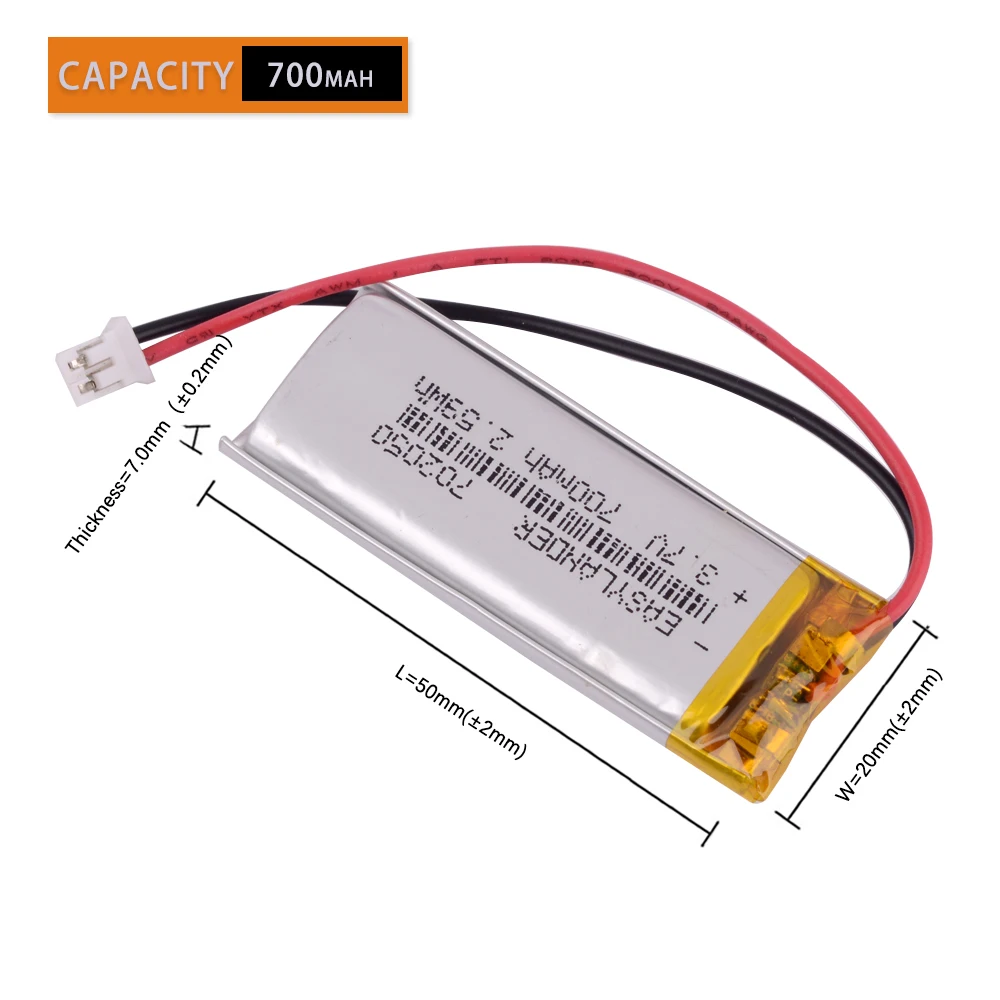 3.7V 700mAh  JST 2.0mm 2pin 702050 Rechargeable Lithium Li-ion Polymer Battery