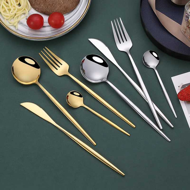 4Pcs 304 Stainless Steel Golden Cutlery Set Black Luxury Dinnerware  Spoons Knives  Kitchen  Mirror Polishing Fork