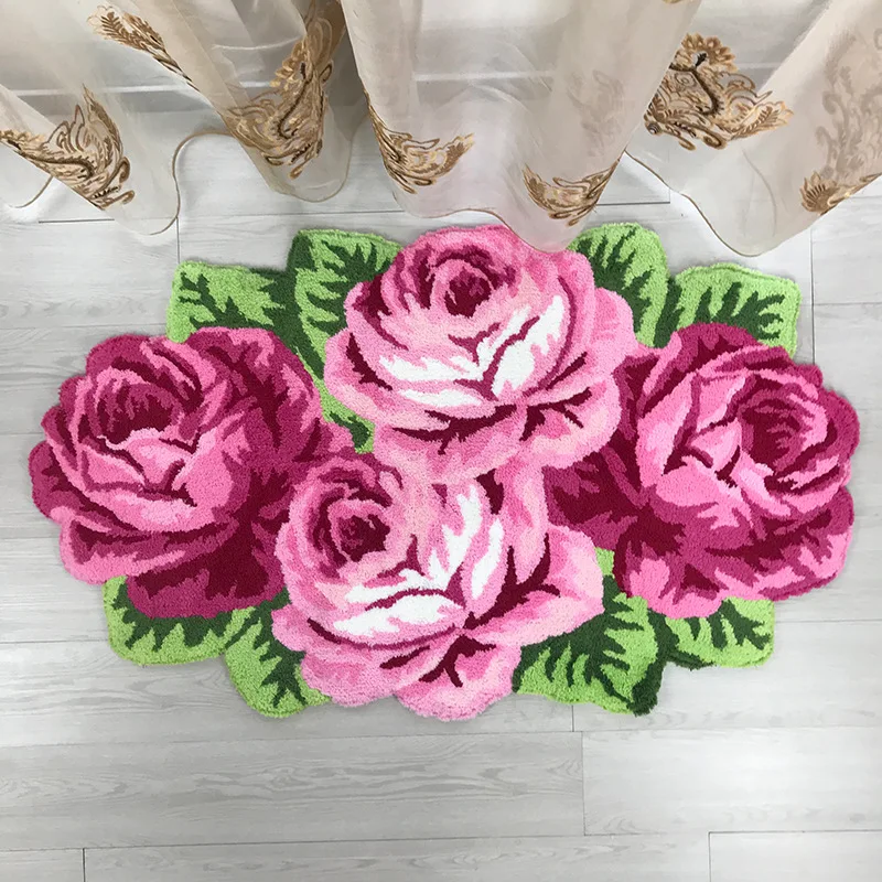 Top Quality Pink Rose Rug Hand Woven Rose Flowers Carpet Doormat Floor Mat for Living Room Bedroom Bathroom 110*70CM