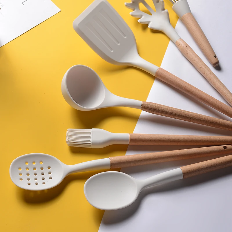 White Cooking Kitchenware Tool Silicone Utensils With Wooden Multifunction Handle Non-Stick Spatula Ladle Egg Beaters Shovel