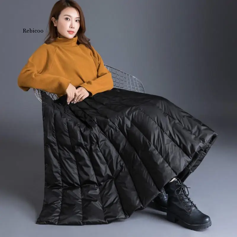 

Winter Women's Duck Down Skirt High Waist Casual Long Skirt for Women Thick Warm Female Padded Black Skirts