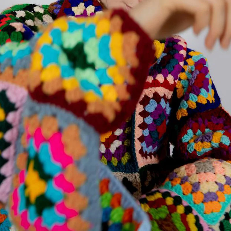 Colorful Turtleneck Crochet Sweater Boho Afghan Coat Granny Square Knitted Sweater Cute Color Checked Pullover Women Clothing