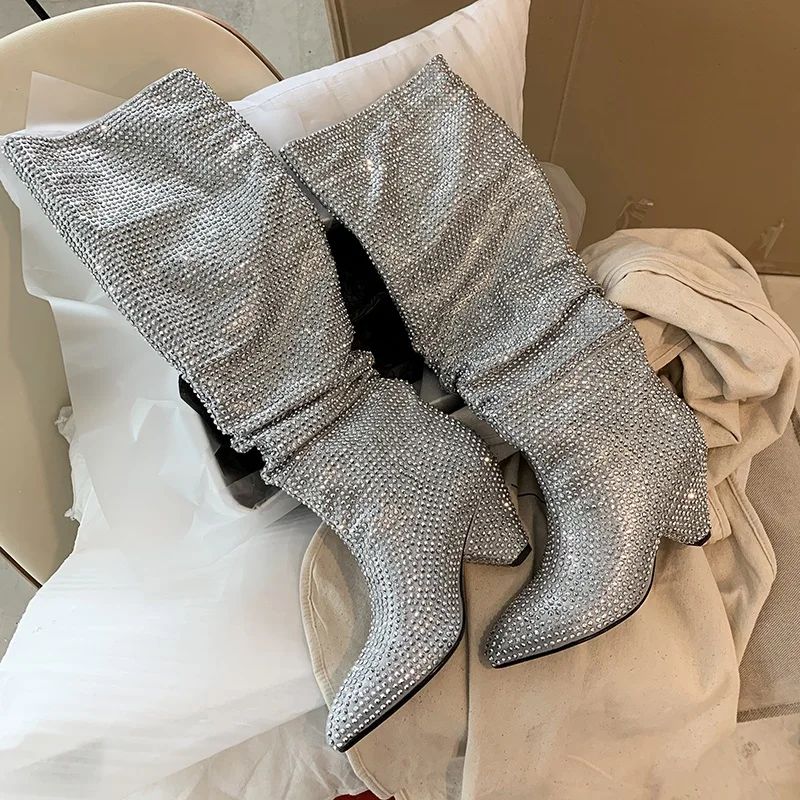 New Crystal Shoes Woman Pointed Toe Mid Calf High Boots Sexy Rhinestone Chunky Spike Heel Boots Ladies Shoes Botas Mujer