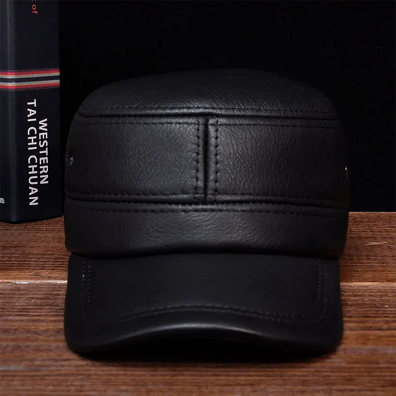 HL081 Brand New Winter Warm Real Cow Leather Caps  Men\'s Genuine Leather Baseball Hat