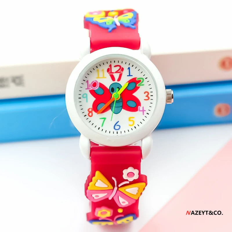 3DchildrenquartzwatchnewfashionlittleboysgirlscutecartoonanimalsbutterflydialsiliconestrapgiftclockkidsclockRelogio kol saati