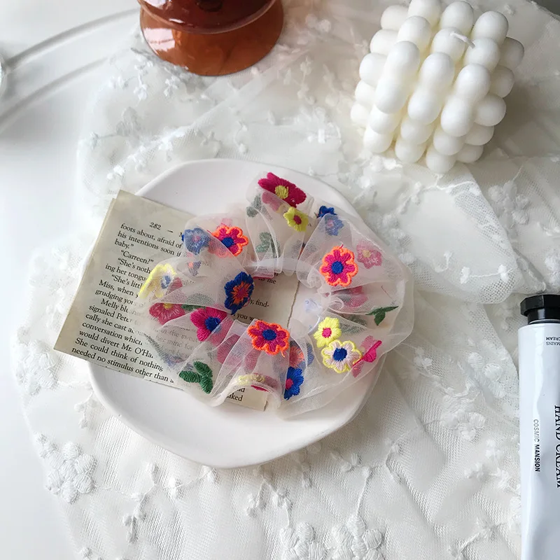 Elastic Hair Bands for Women 2020 Hot Korea Chic Handmade Embroidery Flower Transparent Colorful Daisy Hair Accessories