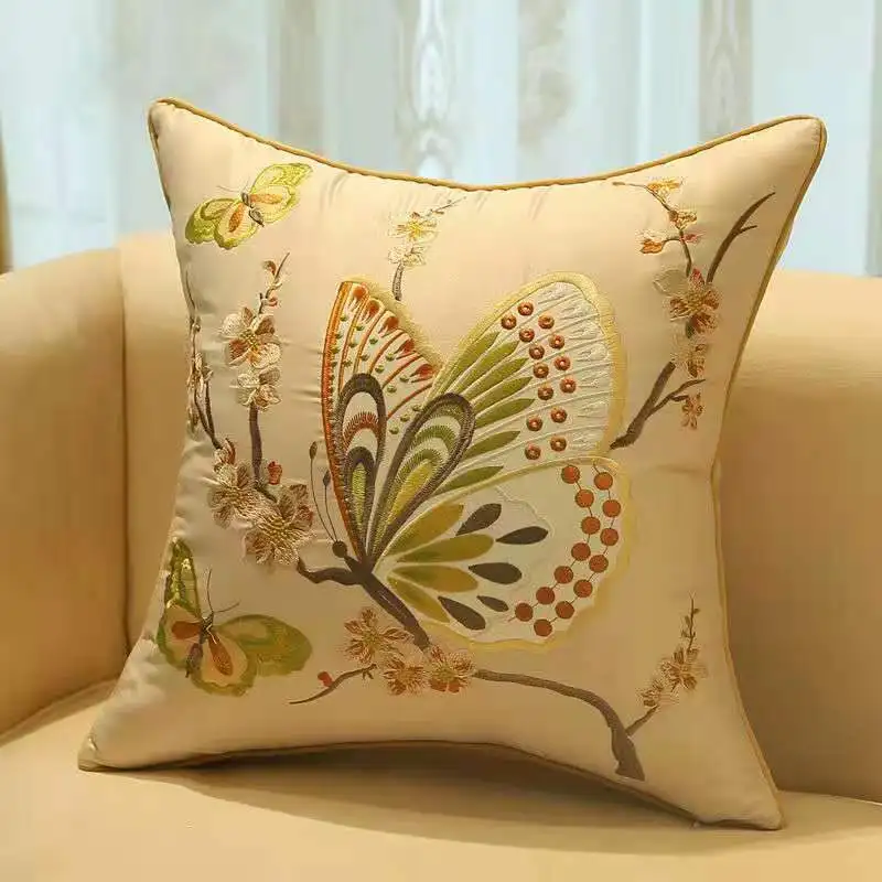 

Custom Fine Embroidery Butterfly Birds Flower Cushion Pillow Cover Office Home Sofa Chair Decorative Lumbar Satin Pillowcases