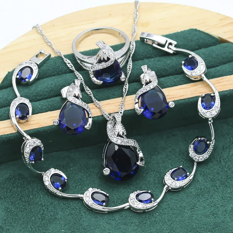 Personalized 925 Silver Jewelry Sets For Women Royal Blue Crystal Bracelet Earrings Necklace Pendant Ring Wedding Jewelry Gift