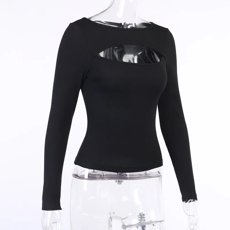 Autumn Women T-Shirt Hollow Out Solid Black White Long Sleeve Knitted Tee Tops Casual Slim O Neck 2024 Fashion T Shirt