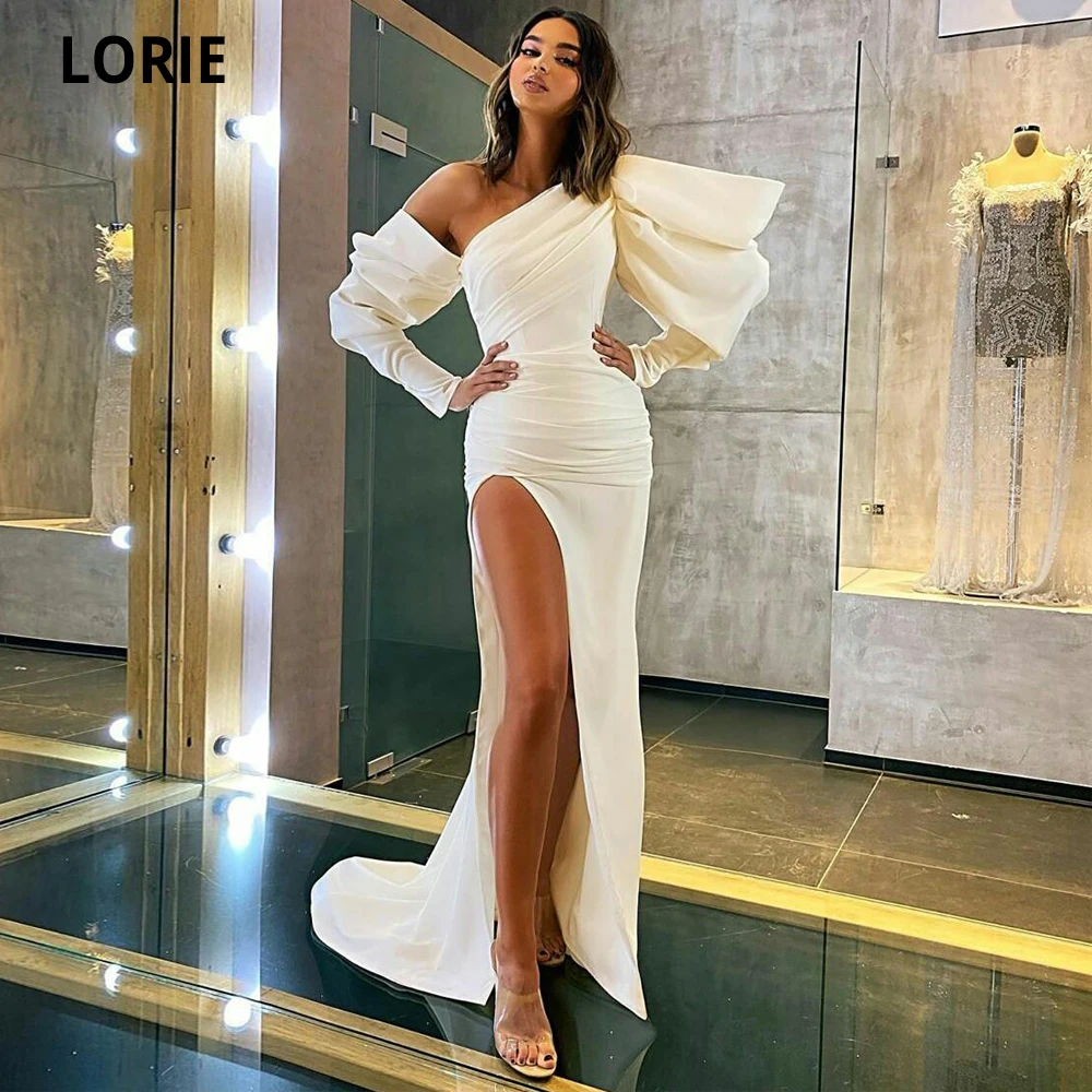 LORIE Couture-Vestidos de Noche de sirena, manga larga de un hombro, abertura alta, vestido Formal de fiesta de graduación, vestido de pasarela con volantes, moda