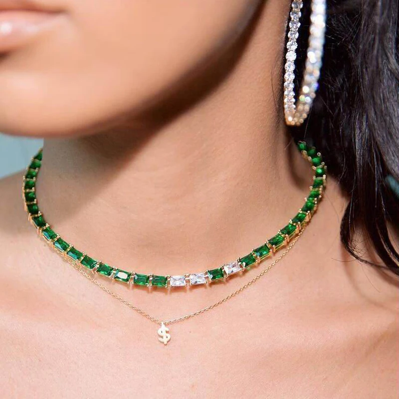 

Hot sale Green Emeralds cz tennis chain choker Jewelry for women bling bling cz paved statement necklace wedding jewelry