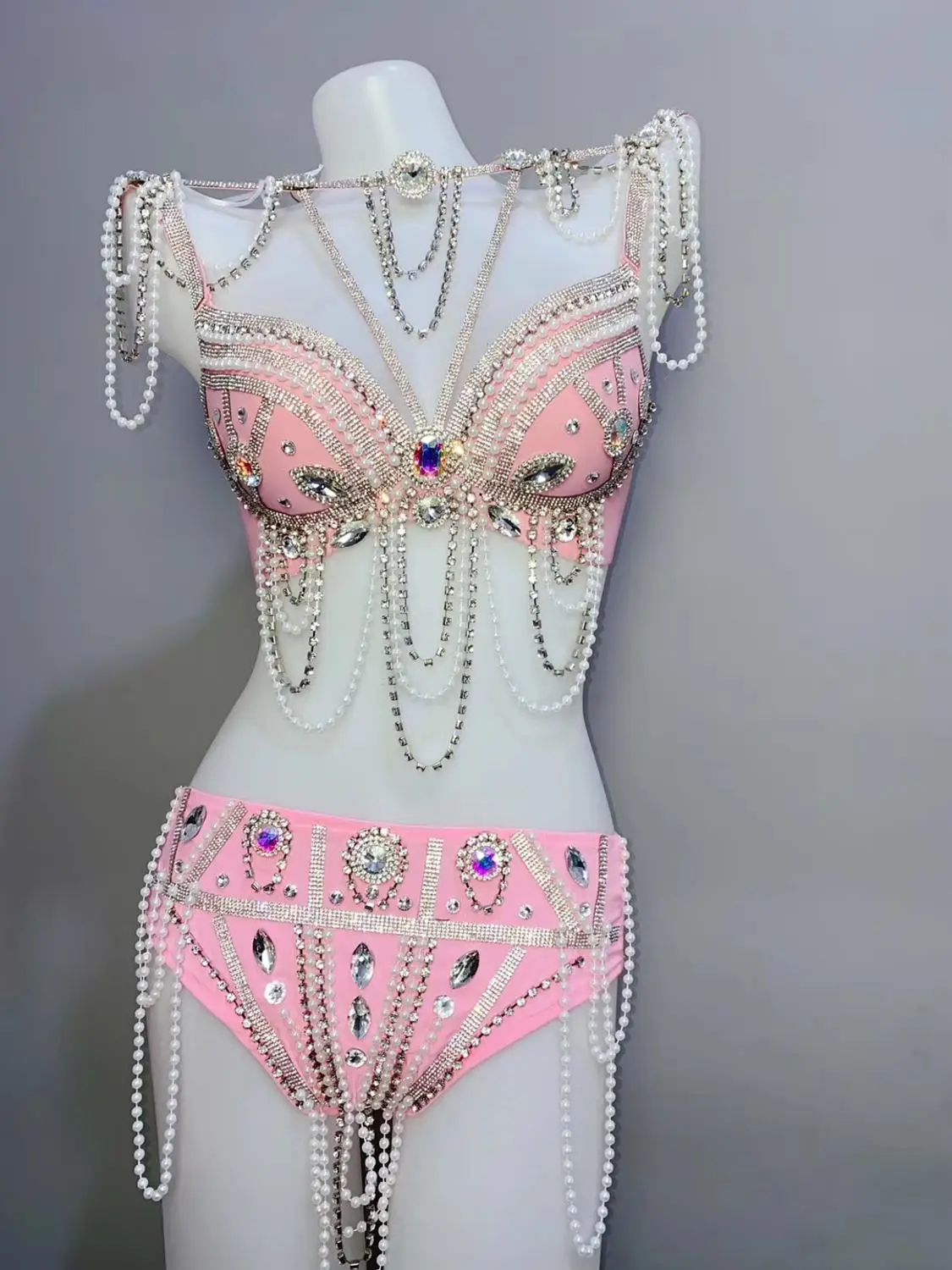 Sexy LED Performance Stage Wear Pink Pearl Rhinestones Bikini Set Nightclub Women DJ Pole Dance Costume Party Models Show Outfit