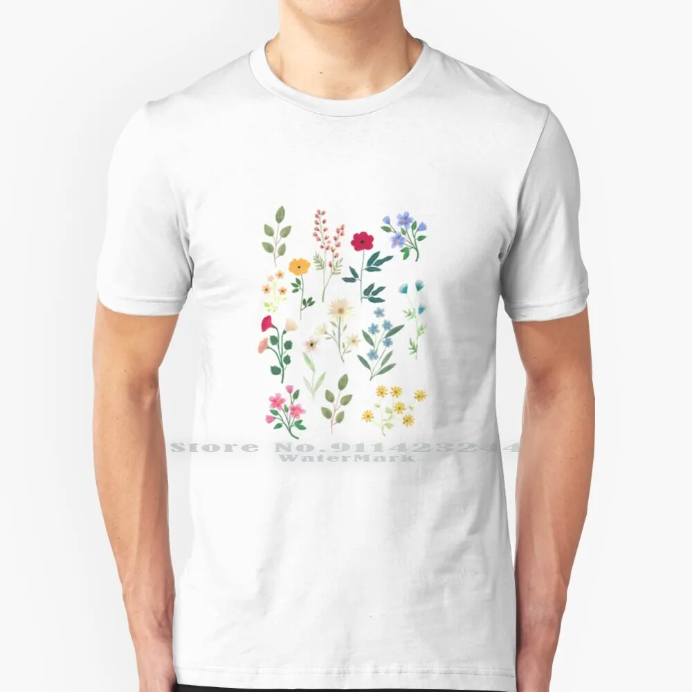 Spring Botanicals 100% Cotton T Shirt Gouache Floral Pattern Flowers Nature Boho Bohemian Beach Tropical Jungle Havana Summer