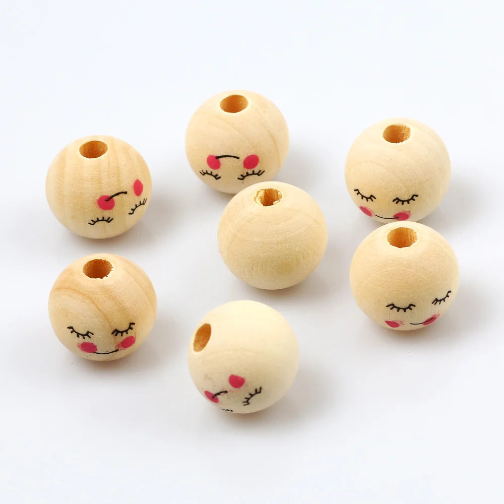 20pcs 16mm Natural Wood Beads Round Spacer Wooden Balls Smile Loose Beads For Jewelry Making Bracelet Necklace Diy Accessories