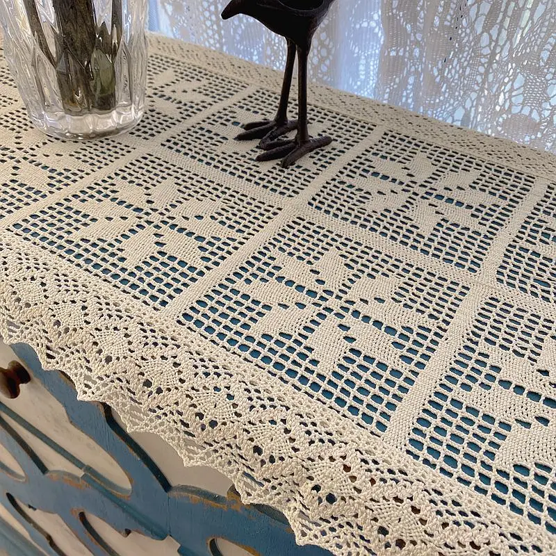 Crochet Cotton Linen Blending Table Runner Retro Style Cotton Woven Lace Edge Tablecloth Side Table Table Cover Cabinet Cover