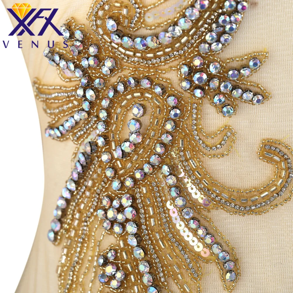 XINFANGXIU Handmade Dress Beads Applique Rhinestones Embroidery Patch Beaded Applique Beads Fabric Patch DIY Handcraft Apparel