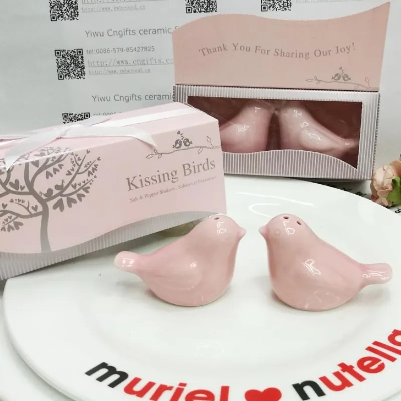 【KATEROSE】Kissing Birds Pink Ceramic Salt & Pepper Shakers Kitchen Wedding Favors