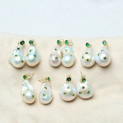 Natural Cultured White Baroque Pearl Green Cz Stud Earrings