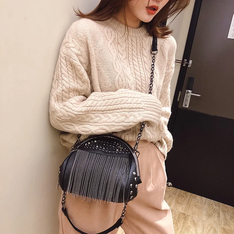 Fringe Designer Insert Rivet Vintage Fashion PU Leather Chain Women Shoulder Crossbody Bag Shell Bags Women\'s Handbags Purses