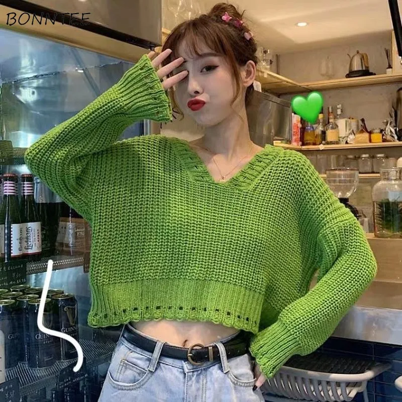 

Cropped Sweaters Women Loose Long Sleeve V-Neck Student Female Pullovers Leisure All-match Solid Korean Version Popular Knitted