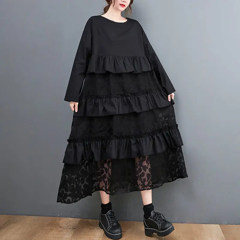 Large Fall Clothes For Women Loose Long Dress Mesh Splicing Temperament Cake Dress Casual Black Full Sleeve Robes M774