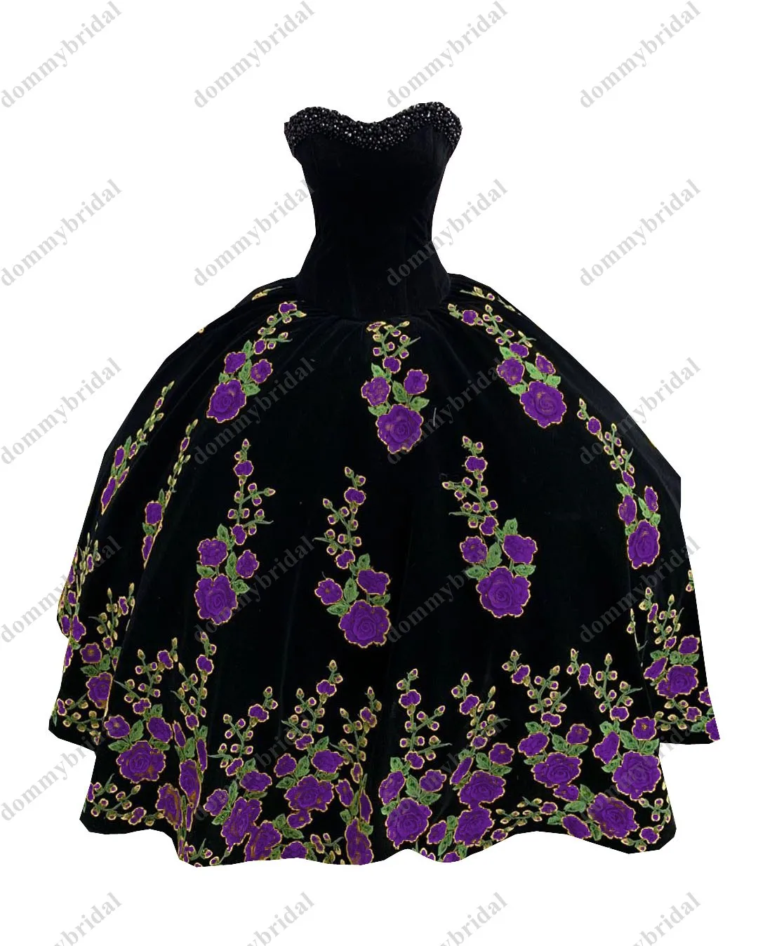 Elegant Purple Printed Floral Flowers Strapless Black Velvet Puffy Ball Gown Quinceanera Dress for Women girls Teens Prom Cheap