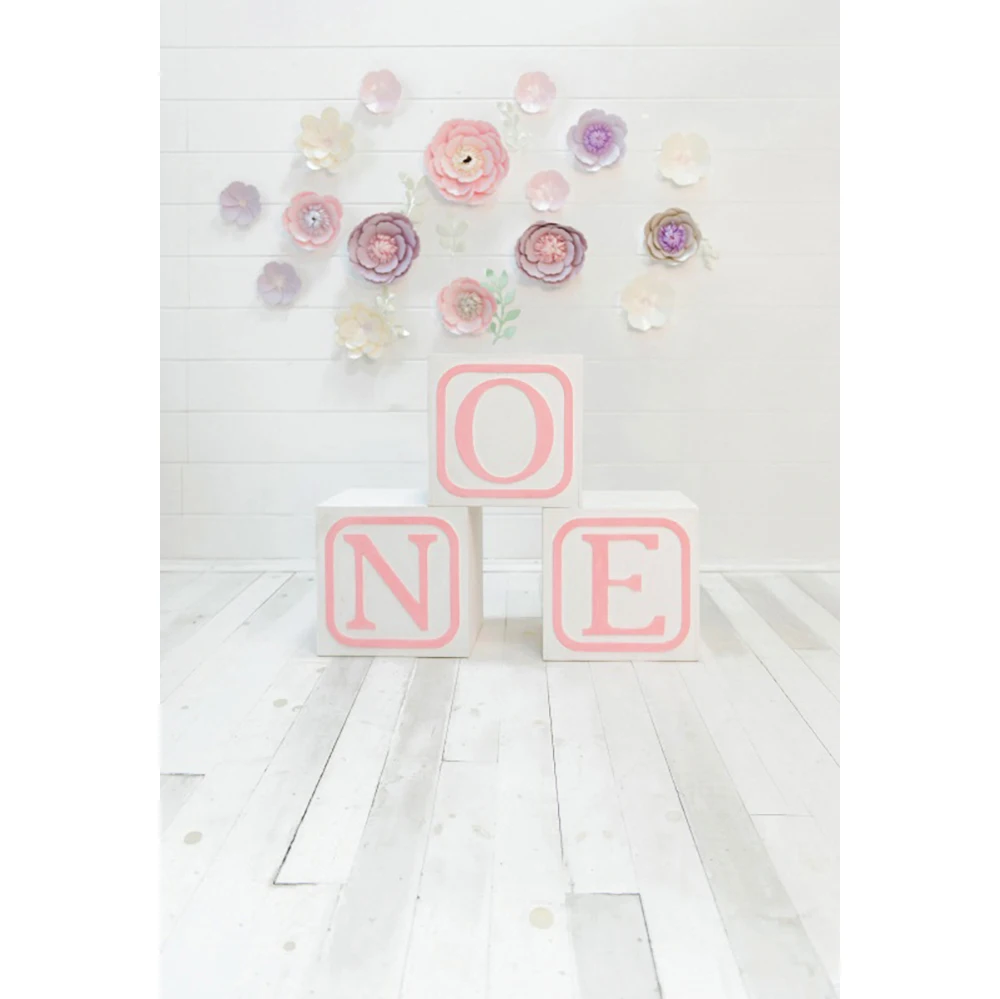 Laeacco 1st Birthday Party Photography Background Colorful Floral Chic Wall Wooden Board Floor Newborn Baby Photo Backdrop