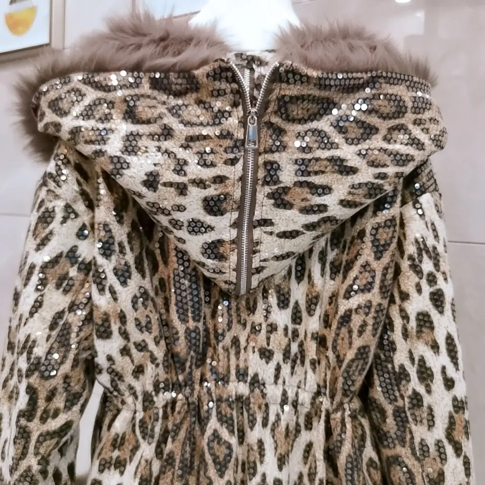 2021 Winter New Women\'s Thick Warm Fur Long Tuscan Lamb Wool Outerwear&Coat Ladies Fashion High Street Sequins Motorcycle Jacket