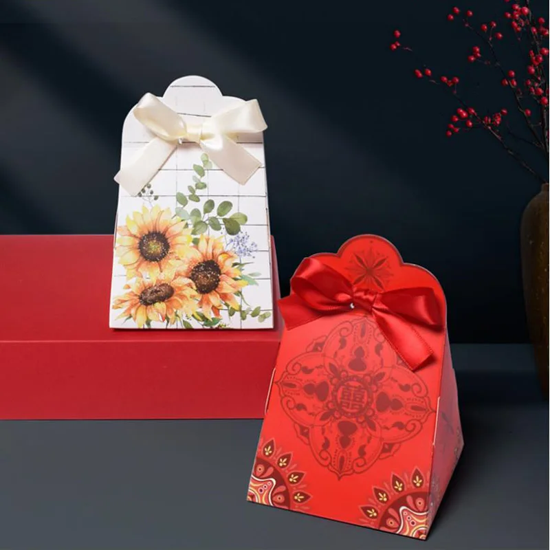 

20% off--50pcs/Lot Lovely Sunflower White Red Color paper Gift Box Cake Bag Wedding Favor Box Baby Shower Candy Box With Ribbon