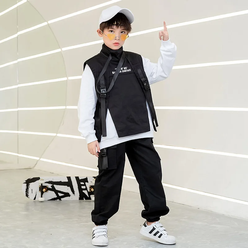 Kid Hip Hop Clothing Long Sweatshirt Top Tactical Cargo Pants Sleeveless Jacket Vest For Girls Boys Street Dance Costume Clothes