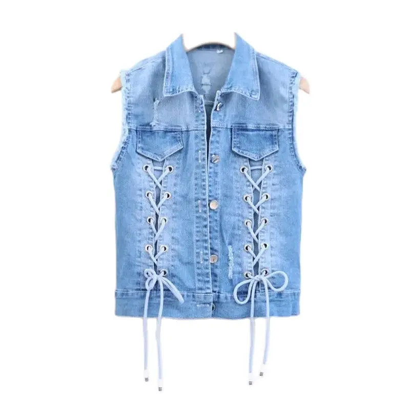 Fashion Cowboy Vest Female Spring Autumn 2024 New Tie Belt Bow Personality Street Stretch Denim Ladies Vest Tide