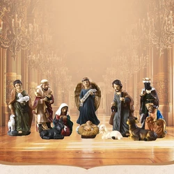 11Pcs/set Christmas Manger Combination Resin Crafts Small Ornaments Nativity Religious Sculpture Decoration