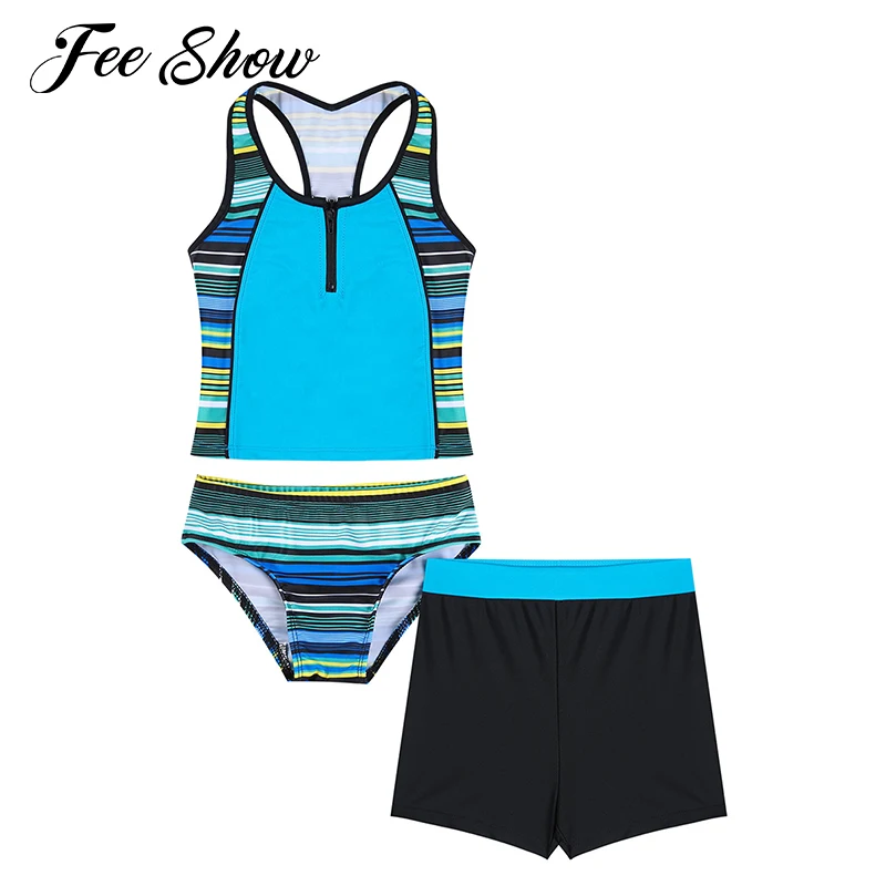 

Girl's 3 Piece Swimsuits Racer Back Crop Top with Booty Shorts Suits for Beach Holiday Water Sports Kids Tankini Swimwear Set