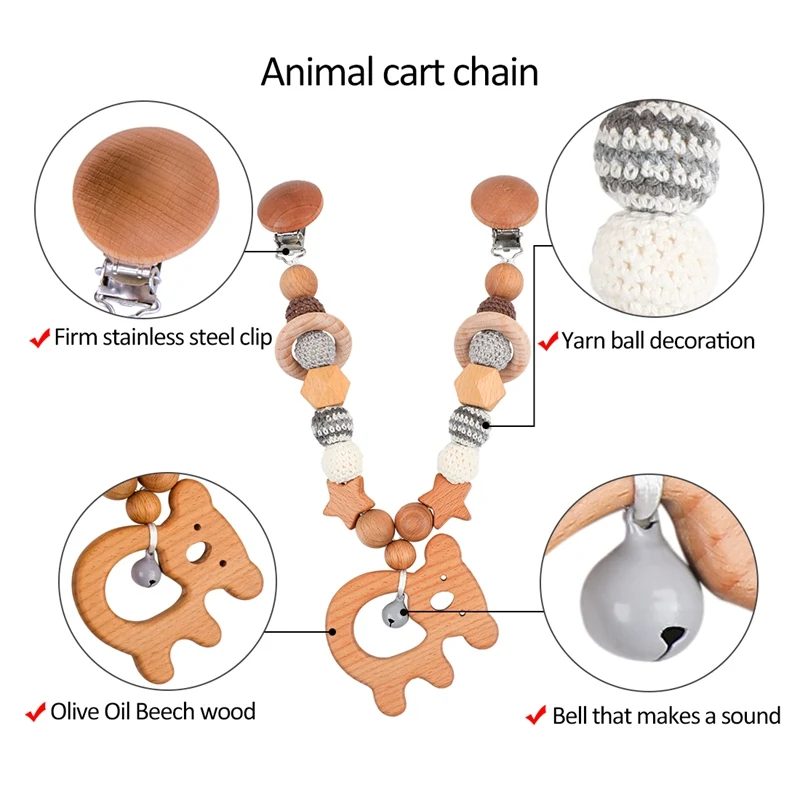 Baby Wooden Teether Crocket Beads Play Gym Beech Wooden Pendant Rodent Dummy Clip Baby Teether Pacifier Clip Chain Mobile