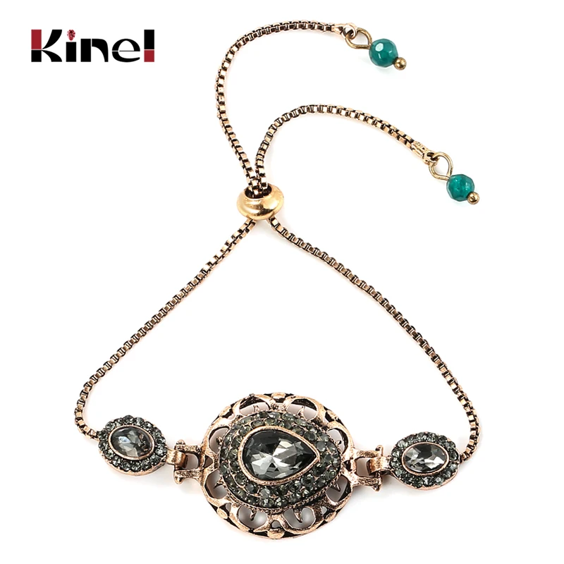 Kinel Luxury Gray Crystal Flower Bracelet For Women Antique Gold India Bracelets Adjustable Length Vintage Wedding Jewelry