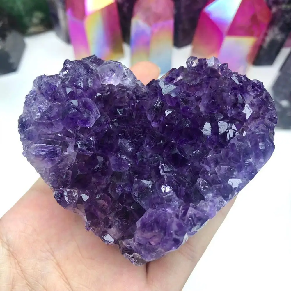 Natural heart-shaped Amethyst Quartz Crystal Cluster Healing Specimen Decor Crystal quality Gemstone Stone Home Decor