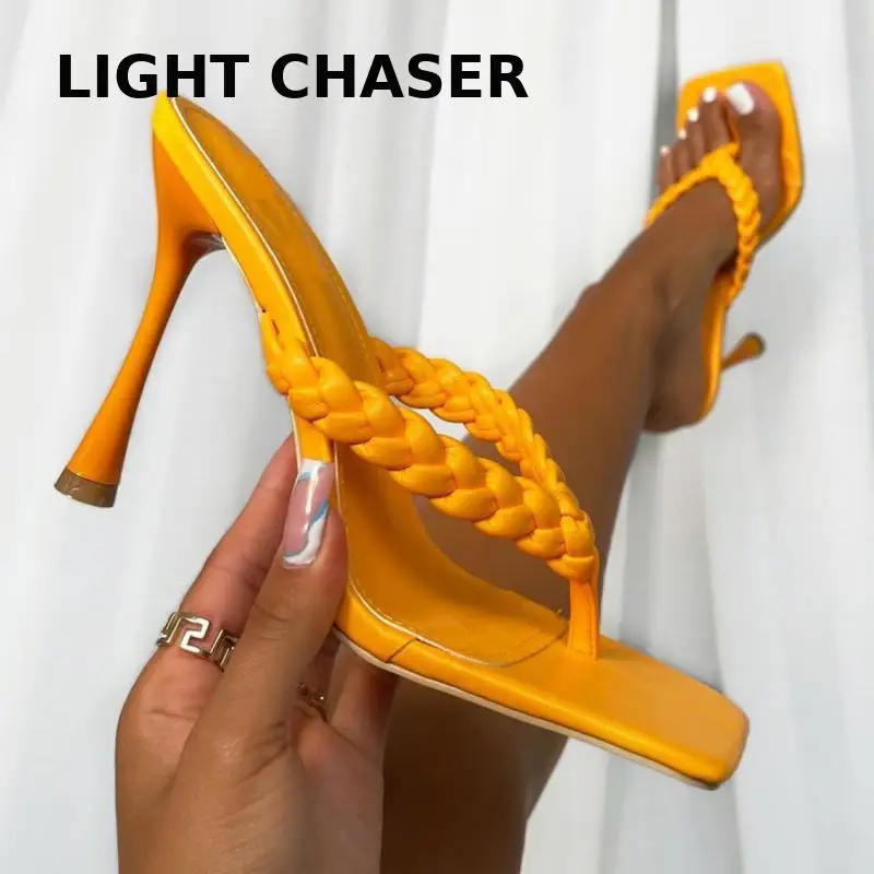 Summer Fashion Woven Candy-colored Flip-flops With Square Toe Sandals And Slippers Women's Open-toed Large Size Stiletto Heels