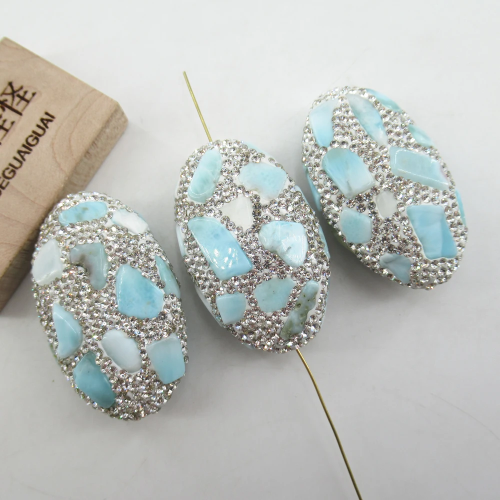 APDGG 1PC Natural Blue Larimar Pave Crystal Rhinestone Oval Shape Connector Spacer Bead For Making Bracelet necklace Jewelry DIY